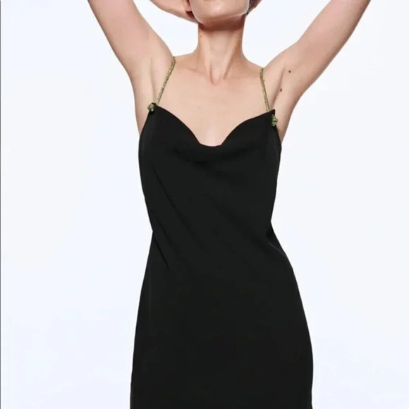Zara Black Cowl Neck Mini Dress w/ Green Diamante Rhinestone Straps Sz Small - Picture 9 of 16